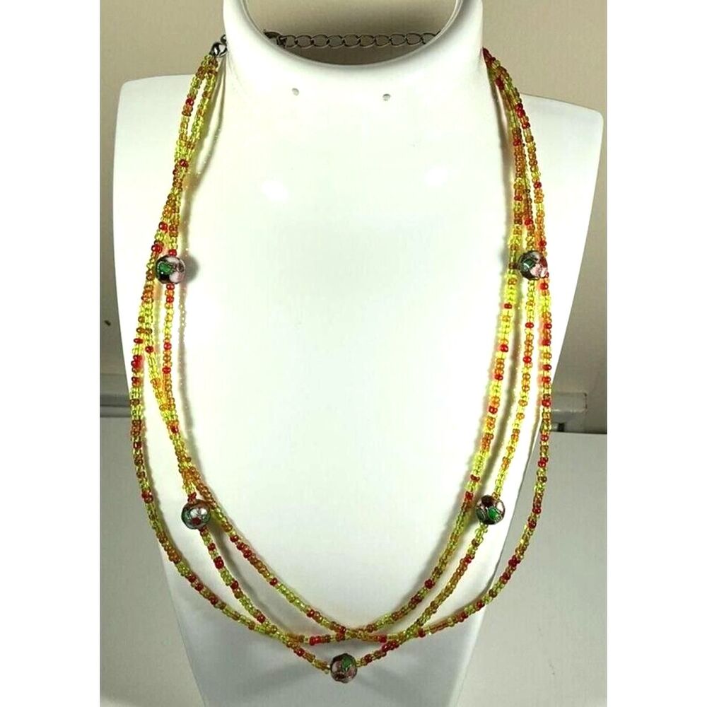 Handcrafted Beaded Necklace Yellow Multicolor 3 Strand w/ Bead Accents 17" Artsy